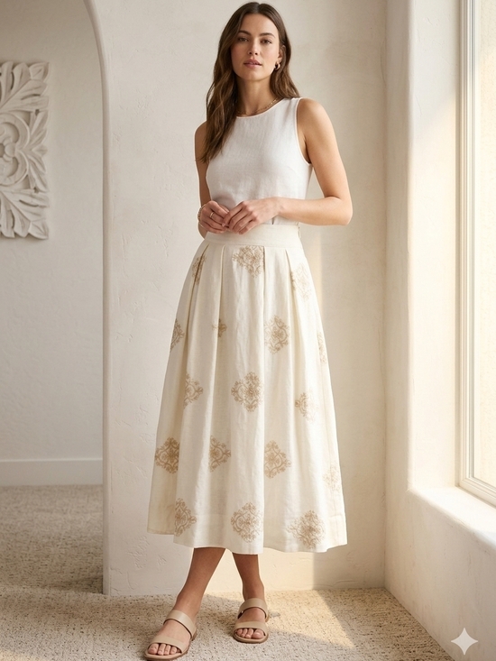 A Loves A Dresses & Skirts - Cream Lined Midi Skirt w/Beige Embroidered Medallions Vintage Womens Sz XS NWT